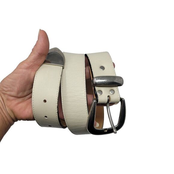 Vintage 80s Streets Ahead Bone Ivory Leather Belt M Large Silver Buckle Retro - Picture 1 of 7